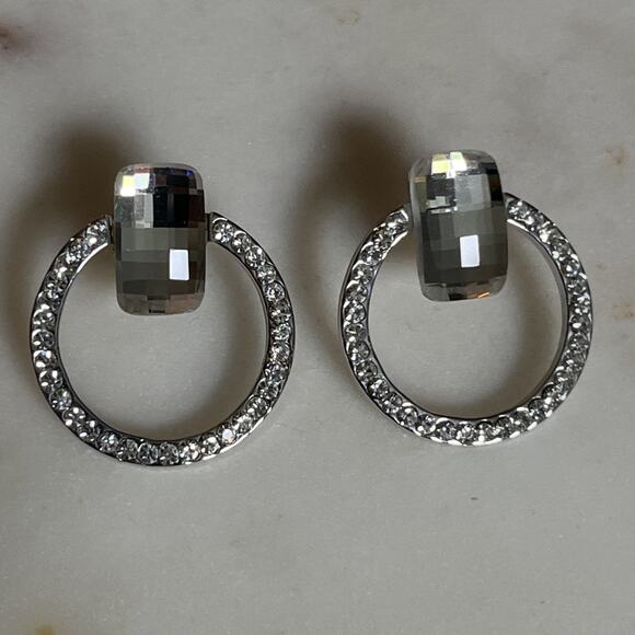 Unbranded Jewelry - Silver Tone Round Circle Pave Stud Earrings with Rectangle Faceted Stone